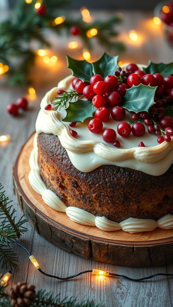 A traditional Christmas fruit cake decorated with marzipan and icing, surrounded by festive decorations.